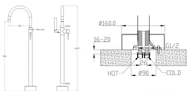 Смеситель напольный для ванны встраиваемый с ручным душем и изливом, цвет Nikel Brush ZZ Boheme UNO 469-NB