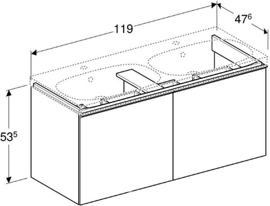 Тумба подвесная 119хh53.5х47.6см, д/рак 120см, 2 нажимн.выдвижн.ящика, (фасад белое стекло, корпус белый глянцевый лак),крепл.в компл,ZZ Geberit Acanto 500.613.01.2