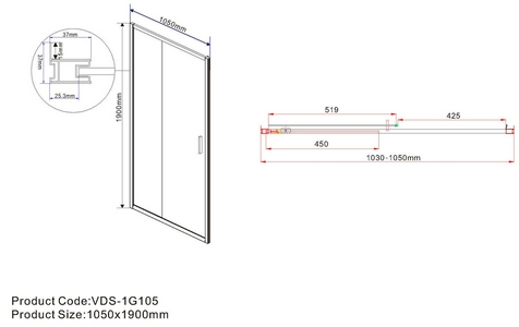 Дверь для душа, в нишу 1050хh1900мм, раздвижная, 1 дверь, 1 неподв.секция, правая/левая, (стекло прозрачное 6мм, фурн.цв.черный матовый),  ZZ Vincea Garda VDS-1G105CLB