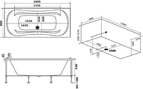 Ванна акриловая  180х80 см (БЕЗ каркаса n164451 и сифона 19649), ZZ Bas МАЛЕ В 00125