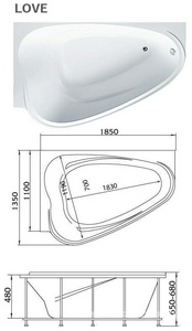 Ванна акриловая Marka One  L, арт 01лв1813л, 185x135х68 см, БЕЗ каркаса, слива-перелива, панелей, ZZ 1Marka Love 01лв1813л