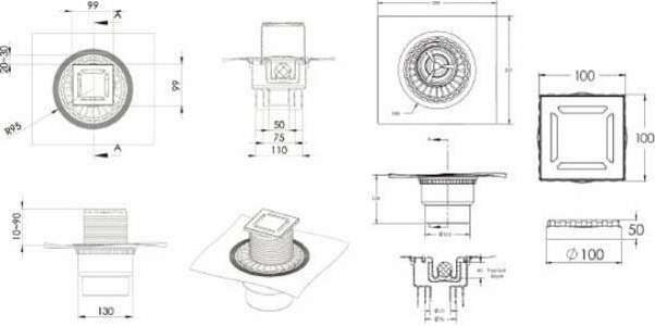 Душевой трап Berges Wasserhaus Zentrum Uno 10x10 см ZZ Berges Универсал 090471