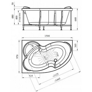 Ванна акриловая " 2", 1500х970x480 мм, правая, БЕЗ каркаса, слива-перелива и панели, белая ZZ Radomir Ирма 2-01-0-2-1-216Ч