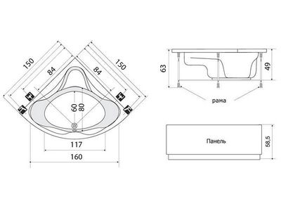 Ванна 150х150хh58,5(49)см, аэромассаж, на раме, слив/перелив и панель в компл.,  ZZ Thermolux Galateya ВАННА 150х150  GALATEYA + аэромассаж