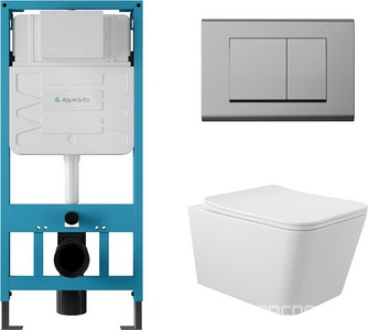 Компл.: унитаз подвесн.,безободк.,520х370мм,цв.белый глянц., сиденье с микролиф,,инстал. д/унит., крепёж, клавиша смыва Quadrado цв.хром,  ZZ Aqueduto Macio AQDS018