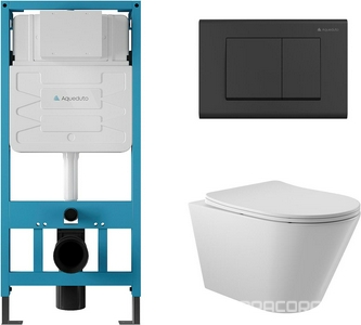 Компл.: унитаз подвесн.,безободк.,525х360мм,цв.белый глянц., сиденье с микролиф,,инстал. д/унит., крепёж, клавиша смыва Quadrado цв.черный мат, ZZ Aqueduto Cone AQDS014