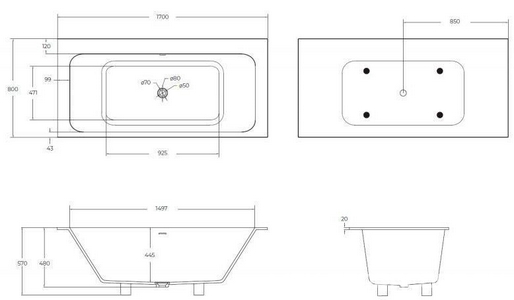 Ванна 1700х800хh570мм, встраиваемая, интегрир.слив перелив, д/к в цвет ванны, ножки в компл.,(иск.камень Solid Surface цв.белый мат),  ZZ Cezares Slider CZR-SLIDER-170-80-57-SSB