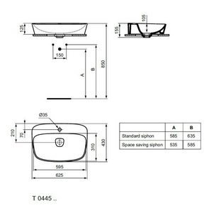 Раковина накладная на столешницу, 625х460хh125мм, овальная, c 1 отв. для смесит., (керам.накладка слива, шаблон в копмл.),  ZZ Ideal Standard Dea T044501