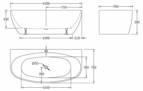 Ванна 1500x780xh585мм, акрил, пристенная, БЕЗ перелива, пробка сливного отверстия цв.хром в комплекте, BelBagno ZZ BelBagno Универсал BB83-1500-W0