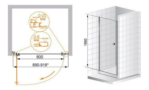 Дверь в нишу 900хh1950мм, распашная, петли слева, (стекло текстурное Punto 6мм, фурнит. цв.золото),  ZZ Cezares Pordenone PORDENONE-B-1-90-P-G-L