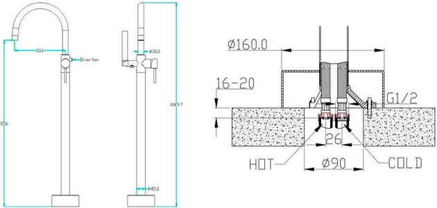Смеситель для ванны, напольный, однорычажный, с душевым гарнитуром, цв. черный ZZ Boheme UNO 469-B (229-B)