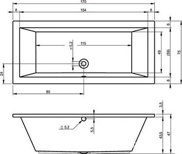 Ванна 170х75см, без ножек/рамы, панелей, слива-перелива, (акрил цв.белый),  ZZ Riho Lusso B007001005