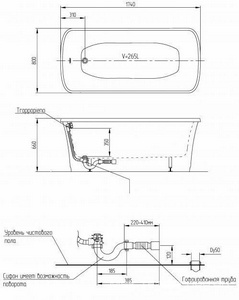 Ванна свободностоящая 174х80хh66cм, (искусственный камень цв.белый, слив-перелив цв.хром в компл.),  Panello Migliore Olivia 24253