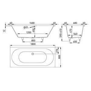 Ванна 1800х800хh600мм, встраив., литой камень S-Sense глянец цв.белый, на регулируемых опорах, БЕЗ слива-перелива,  ZZ Salini Ornella Axis 103411G