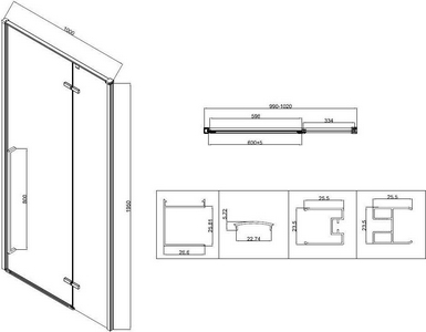 Дверь для душа в нишу, 1000хh1950мм, распашная с неподв.сегментом, правая/левая, (стекло 6мм прозрачное, фурн.цв.вороненая сталь),  ZZ Vincea Slim-N VDPH-5SN100CLGM