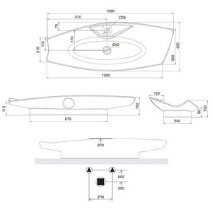 Раковина накладная на столешницу, 109х42хh16см, c 1 отв.д/смесителя, без перелива,  ZZ Scarabeo Kong 8054/R