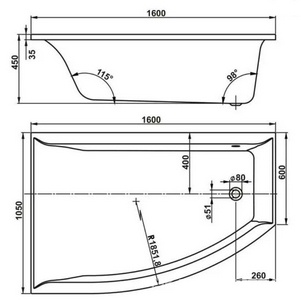 Ванна угловая160x105xh45см, левая, без панели и каркаса, (акрил цв.белый), Veronela ZZ Vagnerplast veronela VPBA160VEA3LX-04