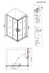 Душевое ограждение 120*80*h190 см,  профиль чёрный матовый, стекло прозрачное / 6мм XX Veconi RV RV30B-12080-01-C3