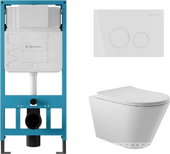 Компл.: унитаз подвесн.,безободк.,525х360мм,цв.белый глянц., сиденье с микролиф,,инстал. д/унитаза, крепёж, клавиша смыва Circulo цв.белый гл., ZZ Aqueduto Cone AQDS002