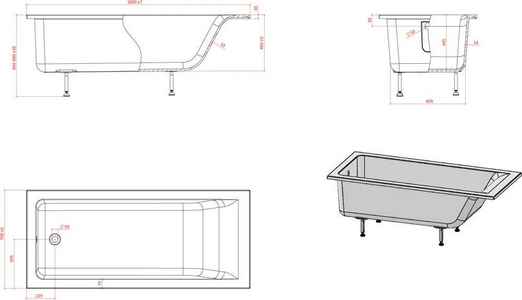Ванна 1800x800xh435мм, без панели, слива-перелива, ножки в компл., литой мрамор цв.белый глянец., Нейт ZZ Астра-Форм нейт Ванна Нейт 1800х800