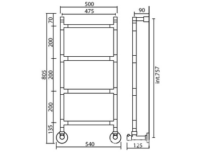 Полотенцесушитель 500/540хh805х125мм, 4 перекладины. подвод воды int.470мм, (цв.хром), краны, крепёж в компл., (ГВС, 6 bar) Margaroli 482 Margaroli Sereno 482-500x803,5-475/4M Chrome