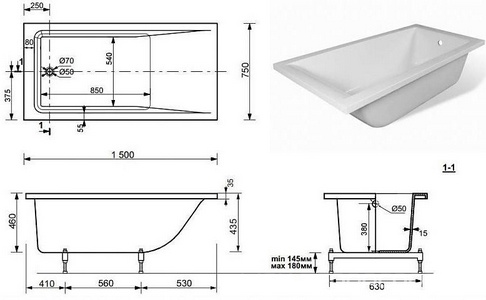 Ванна "" 150х70 см, без панели и ножек, белая ZZ Эстет Дельта ФР-00000639