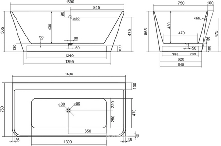 Ванна из искусственного камня 169x75, без сифона, цв. белый глянец Aqua de Marco  1170WDAN