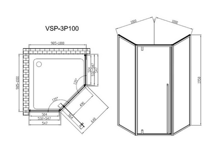 Душевой уголок 1000х1000хh1950мм, 5-ти угольный, распашн.дверь правая/левая, с 2 неподв.сегмент.(ст.прозр.6мм Easy Clean, фурнит.цв.черн.мат), ZZ Vincea Penta VSP-3P100CLB