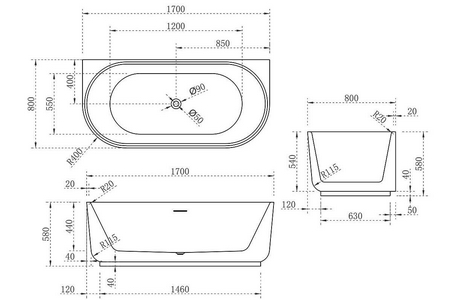 Ванна 1700х800хh580мм, пристенная, интегрир.слив перелив, д/к в цвет ванны в компл.,(акрил цв.белый), Vincea ZZ Vincea Ванны VBT-621B