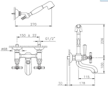 Смеситель для ванны, с душевым гарнитуром (кронштейн д/д, лейка, шланг в компл.), (цв. золото),  ZZ Nicolazzi Teide Four 1902 GO 45