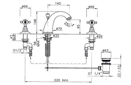 Смеситель для раковины на 3 отв.д/смесит., с д/к, (цв.латунь, Rubino Tagliato Cut Rubin) Le Pietre ZZ Nicolazzi Extra Lusso 2108 GB 09