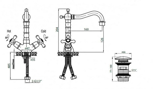 Смеситель для раковины, с поворотным изливом, с нажимной пробкой д/к, (цв. золото),  ZZ Cezares Retro RETRO-C-LS2-03