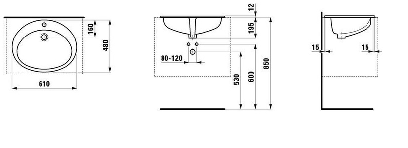 Раковина встраиваемая в столешницу сверху, овальная 61х48см, с 1 отв.д/смес, с переливом,  ZZ Laufen Indova 8.1139.2.000.000.1