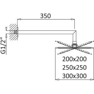 Душ верхний, стационарный, квадратный 250х250мм, G 1/2, антикальц., стеновой кронштейн 350мм, (латунь цв.черный матовый), Cezares ZZ Cezares Porta PORTA-TDDQ-NOP