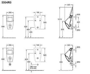 Писсуар 285x545x315мм, с защитой от брызг, скрытый подвод воды, крепёж в компл., БЕЗ отв.д/крепеж.крышки, (цв.01 white),  ZZ Villeroy & Boch Venticello 5504R001