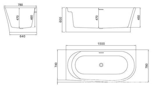 Ванна 1500x780xh600мм, R Правая, акрил, слив-перелив цв.хром в комплекте, BelBagno ZZ BelBagno Универсал BB410-1500-780-R