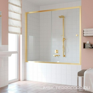 Шторка на ванну , 170x140 см, раздвижная, профиль золотой, стекло прозрачное, БЕЗ ПОКРЫТИЯ ZZ Vegas Glass ZV ZV 170 09 01