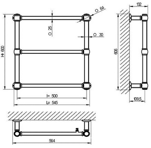 Полотенцесушитель 564хh600х132мм, подвод воды int.510мм, (ГВС, 8 bar, 145Вт), (БЕЗ вентитей, наб трубок, адапт Carlo Poletti), (цв.зол),  ZZ Brandoni Classic 1 Classic 1 Gold