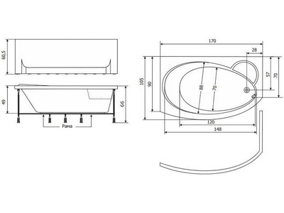 Ванна  (R ПРАВАЯ),170х105хh66/49см, гидромас., мас/спины, хромотерапия, слив/перелив и панель в компл., (ВСЯ ФУРНИТУРА ЦВ. БРОНЗА), ZZ Thermolux Infinity Mini 170x105 INFINITY MINI R (гидром + спин мас + хромот.) БРОНЗА