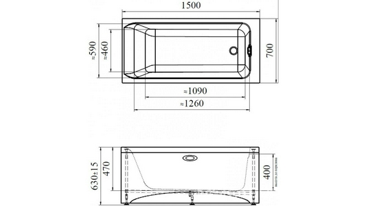 Ванна акриловая "", 150х70 см, БЕЗ каркаса, слива-перелива и панели, белая ZZ Vannesa Агата 2-01-0-0-0-224