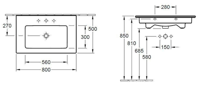 Раковина 800х500мм, 1 отв. д/смес., с переливом, для установки с мебелью (цв. 01 white),  ZZ Villeroy & Boch Venticello 41048L01