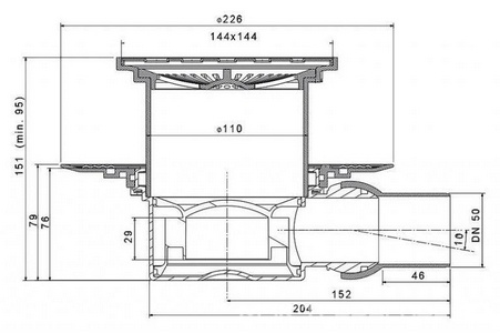 Трап для душа, решетка 100х100мм полая под плитку, выпуск гориз.50мм, Pestan Confluo  1 Ceramic ZZ Pestan Standard Dry 13000107