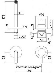 Смеситель для раковины, настенный, излив 175мм, встраиваемая часть в компл., без д/к, (цв.Steel looking),  ZZ Paffoni Light LIG006ST70