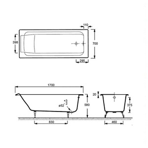Ванна чугунную  с антискользящим покрытием /170x70/, без ножек (Е4113-NF) ZZ Jacob Delafon Parallel E2947-00
