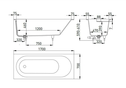 Ванна 1700х700хh600мм, встраив., литой камень S-Sense глянец цв.белый, д/к Up&Down в цвет ванны, интегрир.слив-перелив, ножки компл,  ZZ Salini Ornella Kit 102413G