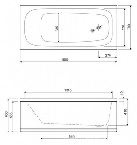 Ванна 150х70хh41см, прямоугольная, без ножек/каркаса, (акрил),  ZZ Cezares Eco ECO-150-70-41-W37