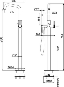 Смеситель для ванны, напольный, лейка д/д, шланг, встраиваемая часть в компл.,(цв.брашир.никель),  ZZ Allen Brau Priority 5.31008-BN