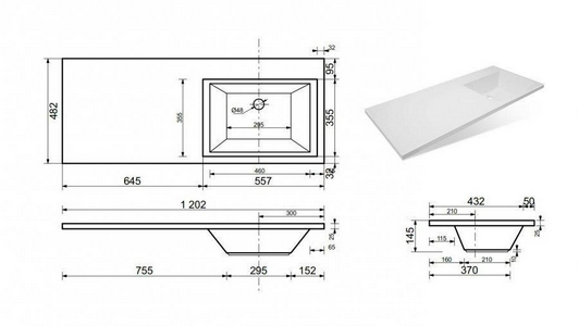 Тумба подвесная 120*48,2 см, правая, 2  выдвижн.ящика, раковина в комплекте, БЕЗ кронштейна, цв.белый Эстет Dallas Luxe ФР-00001929