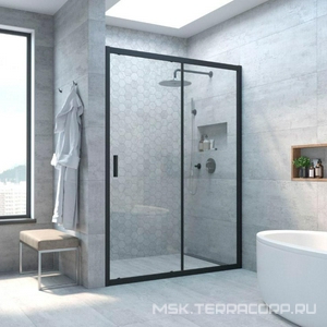 Дверь в нишу, 170x190 см, двухстворчатая раздвижная, профиль черный матовый, стекло прозрачное, ZZ Vegas Glass ZP ZP NOVO 170 02М 01