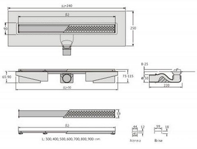 Душевой желоб 80 см, корпус из нержавейки, поворотный сифон, гидрозатвор (без сухого), решетка под плитку, цв.хром матовый ZZ Berges C1 Norma 090139